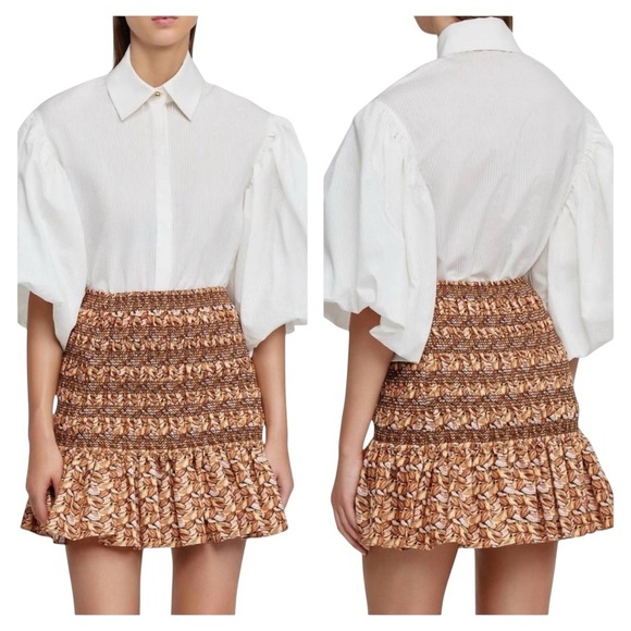 Acler Smocked Mini Skirt Kyle Style Neutral Leaf Print Size 8 NWT